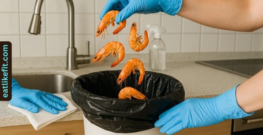 Safe disposal of recalled shrimp in a kitchen.