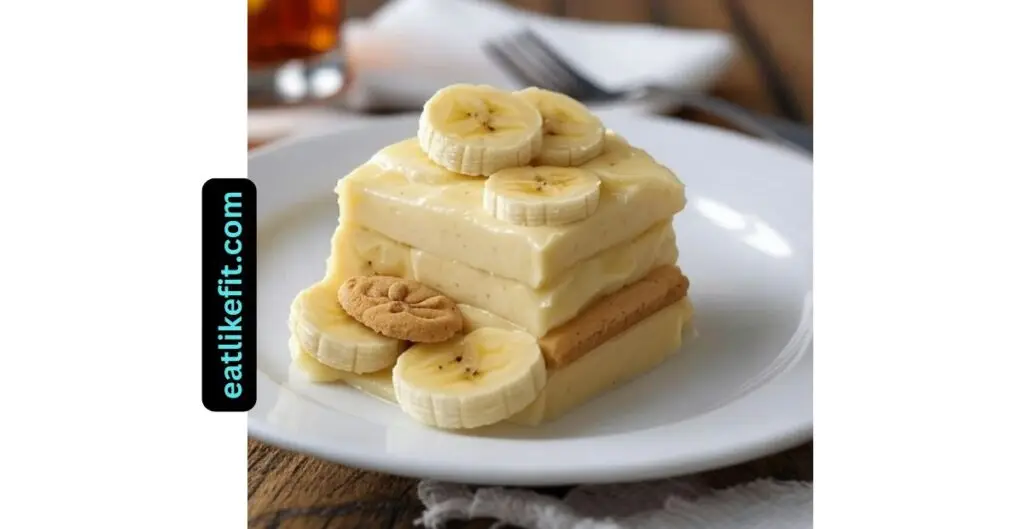 Single serving of banana pudding with layers of banana, cream, and Chessmen cookie on a white plate