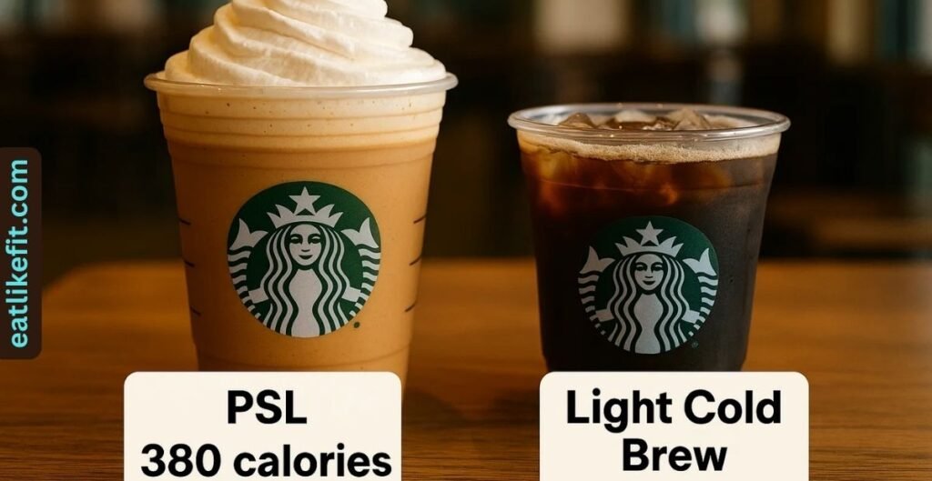 Starbucks Pumpkin Spice Latte vs Pumpkin Spice Cream Cold Brew Light showing calorie difference.