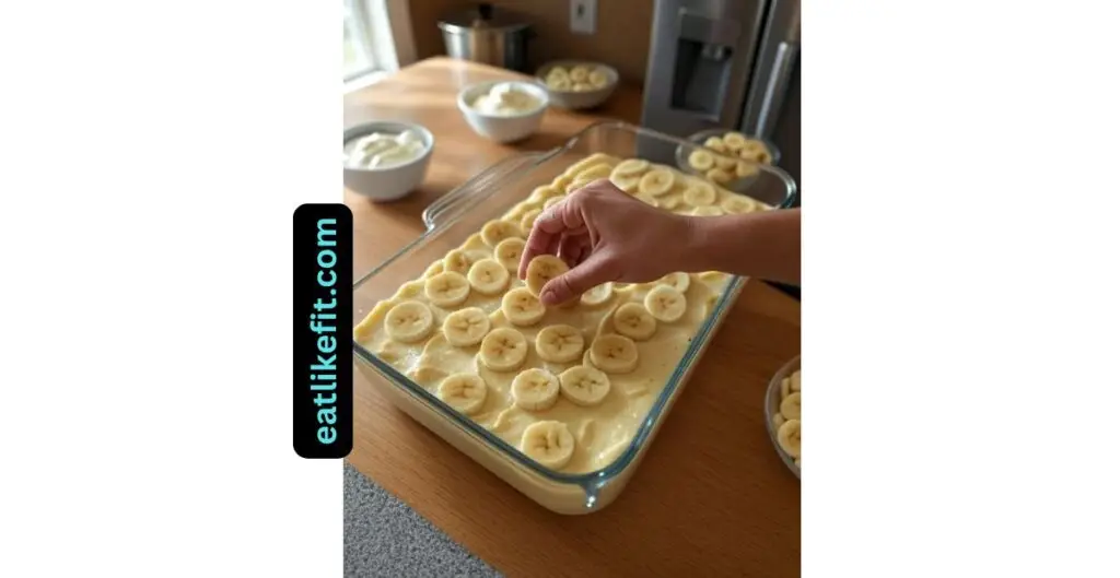 Step-by-step assembly of Paula Deen’s banana pudding with bananas and cookies in a clear dish