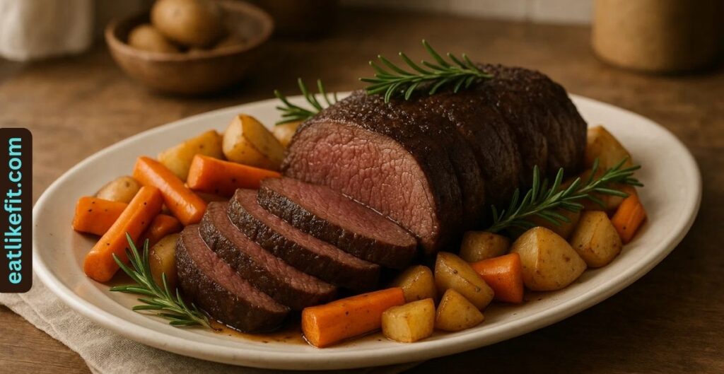 Tender crockpot venison roast with carrots and rosemary.