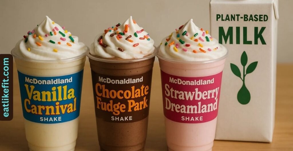 Three flavors of McDonaldland Shake 2025 with plant-based milk option