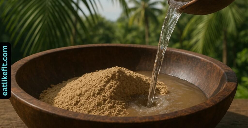 Traditional kava root being prepared for a calming herbal drink