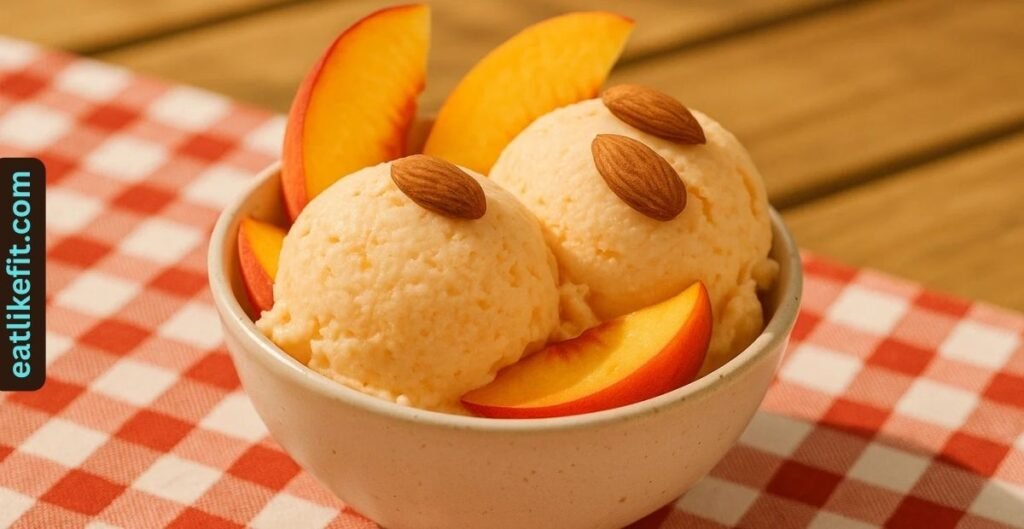 Two scoops of homemade peach ice cream in a bowl with peach slices and almonds