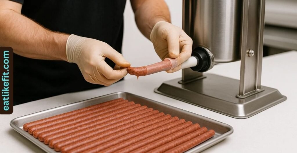 Venison mixture being stuffed into collagen casings using a sausage stuffer.”