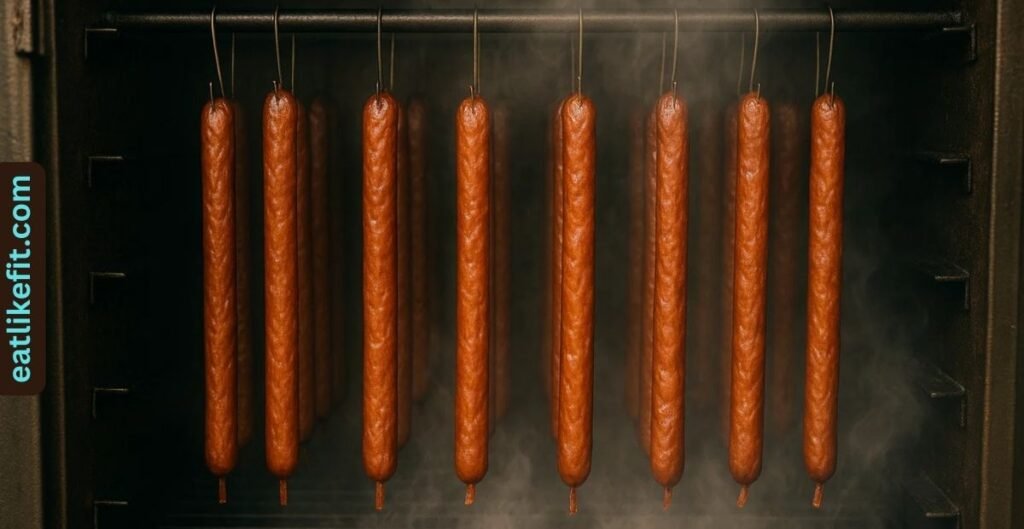 Venison snack sticks smoking in a smoker until golden brown