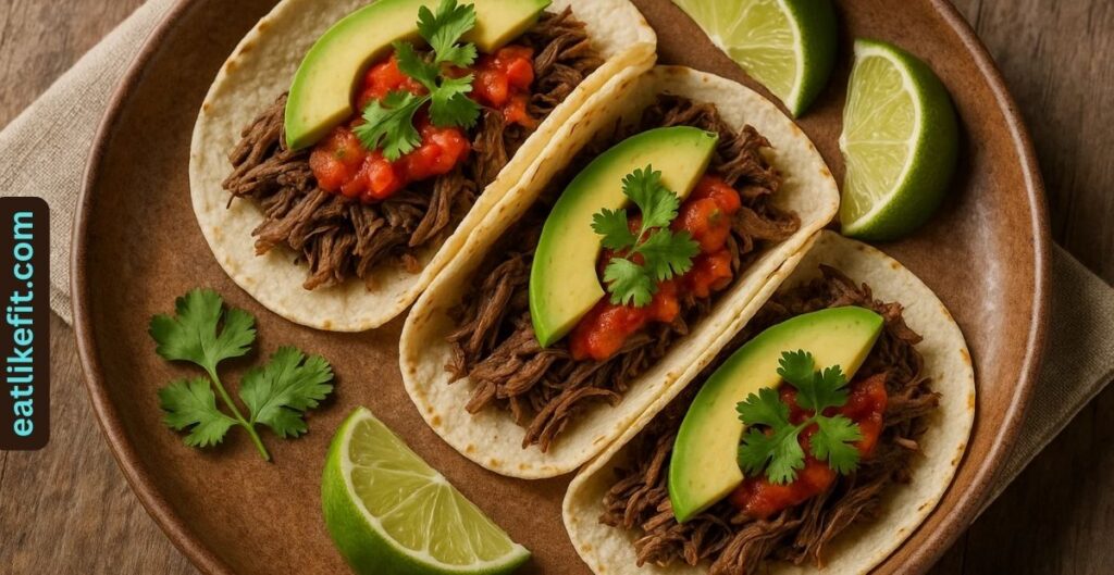 Venison tacos with salsa, avocado, and cilantro.