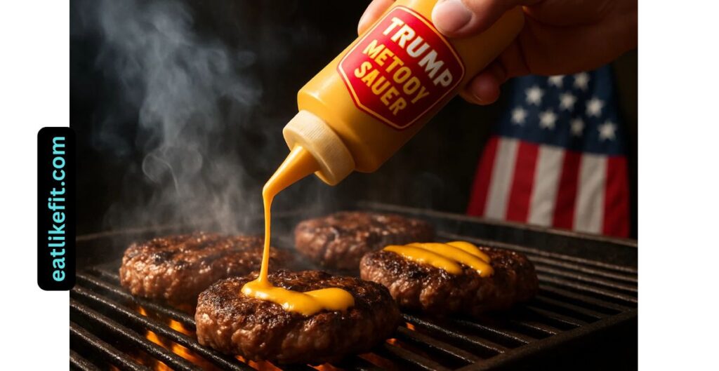 Victory Sauce being poured on sizzling beef patties on the grill