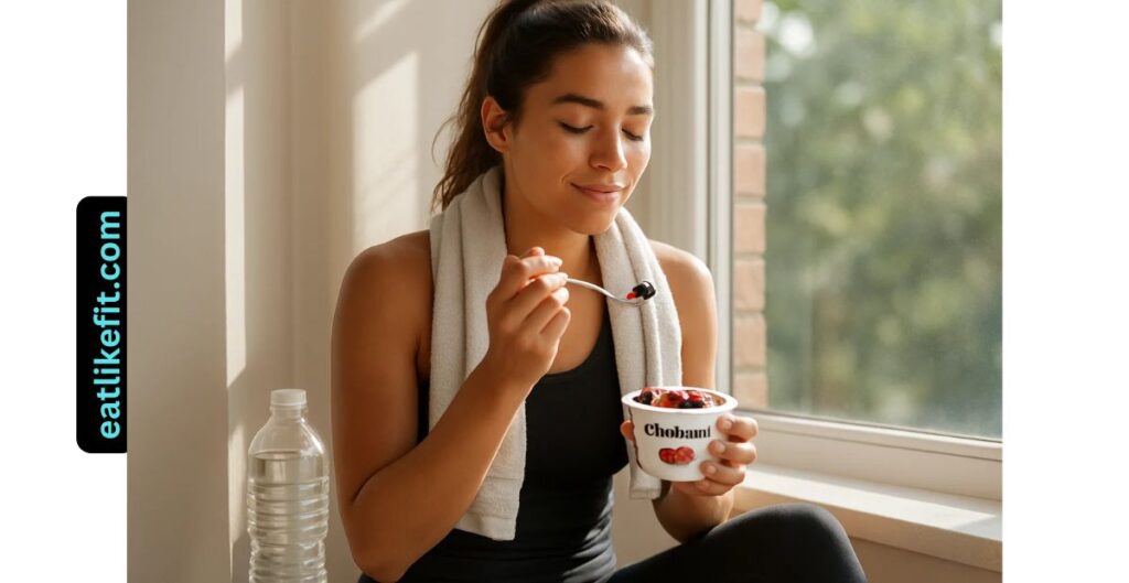 Woman eating Chobani Greek yogurt as a healthy post-workout snack

