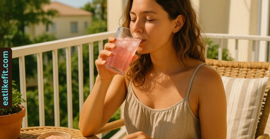 Woman enjoying Japanese Pink Salt and Ice drink for hydration on a warm summer day.