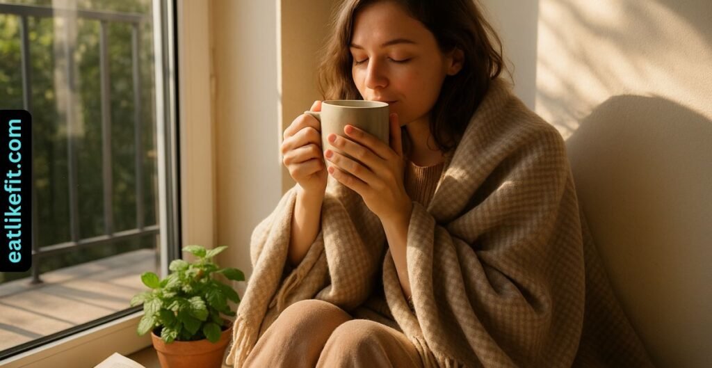 Woman sipping lemon balm tea by a window with a plant and book nearby – calm and healthy lifestyle
