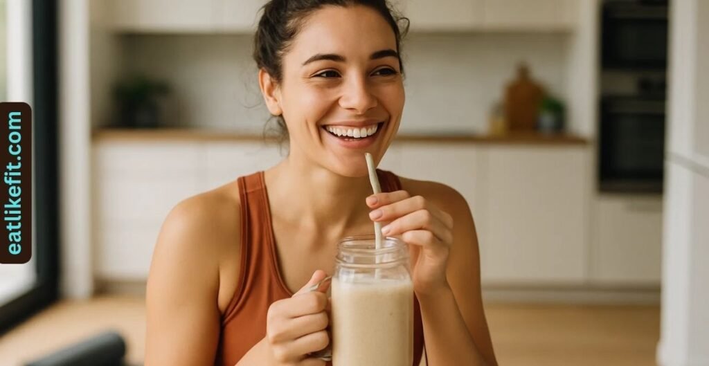 Woman with PCOS drinking a protein smoothie for hormone balance