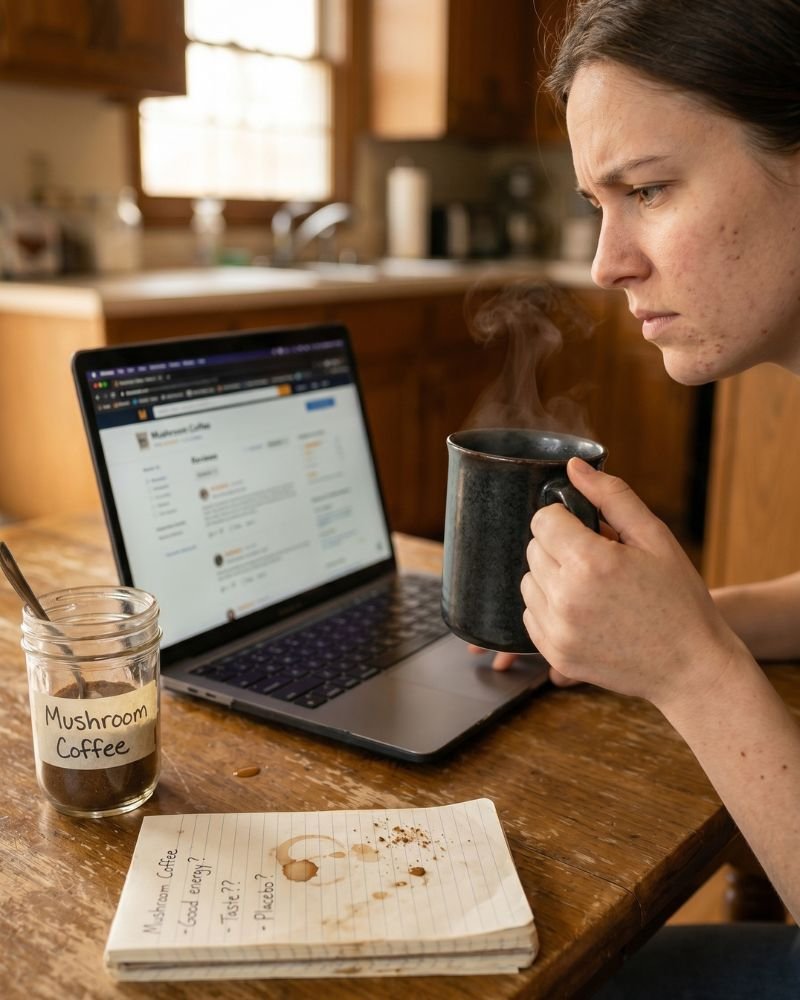 person reading Ryze Mushroom Coffee reviews online while drinking coffee in realistic home setting