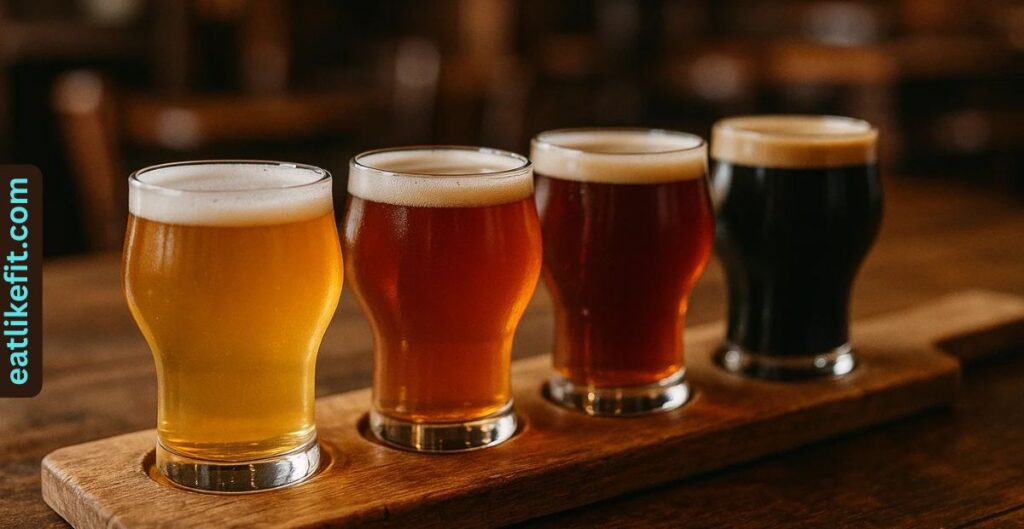 A flight of seasonal craft beers at Iron Hill Brewery