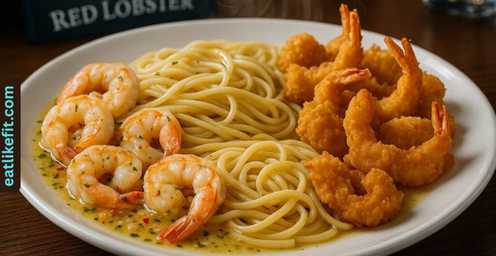 A plate of garlic scampi, fried shrimp, and pasta from Red Lobster’s Endless Shrimp deal