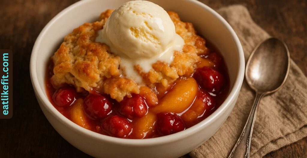 A serving of cherry peach cobbler with vanilla ice cream.