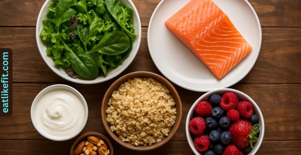 Balanced menopause diet plate with salmon, greens, berries, quinoa, and nuts