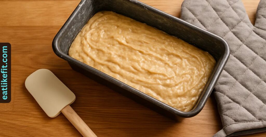 Banana bread batter in a loaf pan before baking.