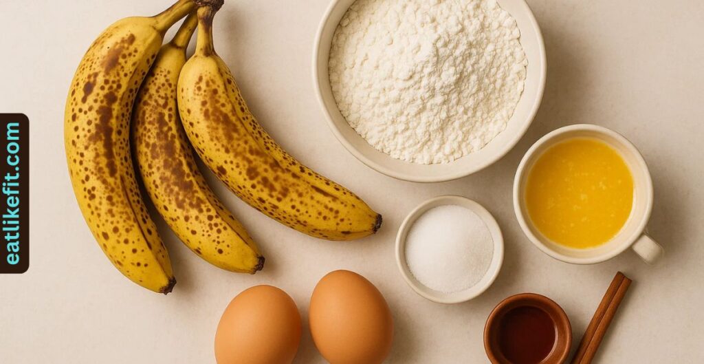 Banana bread ingredients laid out on a kitchen counter.
