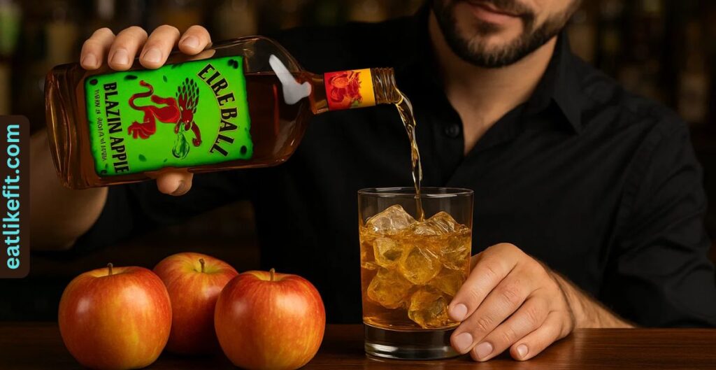 Bartender pouring Fireball Blazin’ Apple over ice with apples on the counter.