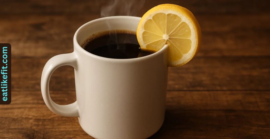 Black coffee with lemon slice for digestion and metabolism.