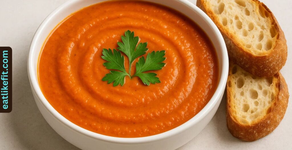 Bowl of roasted sweet pepper soup with bread.