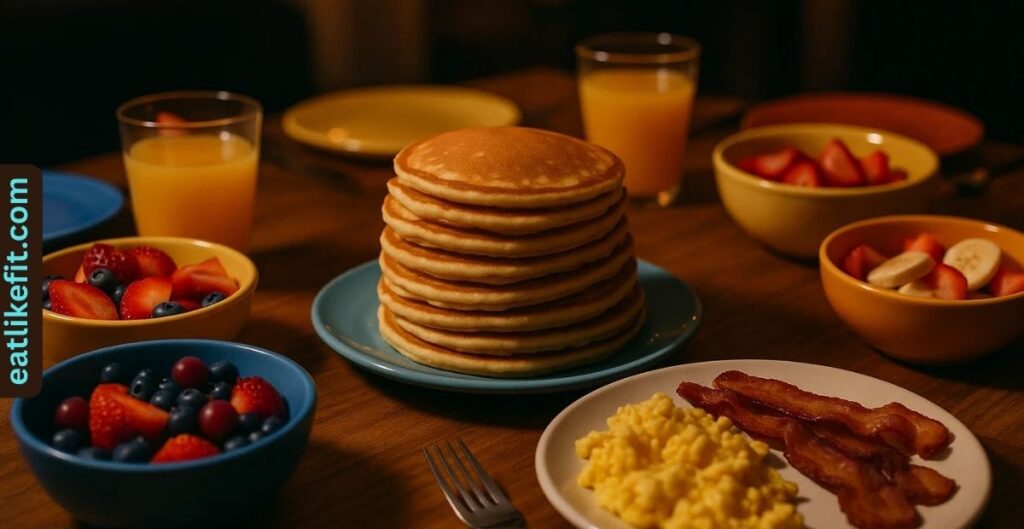 Breakfast foods like pancakes and eggs served for dinner.