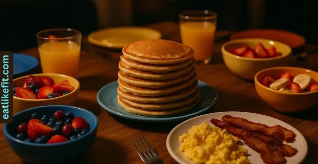 Breakfast foods like pancakes and eggs served for dinner.