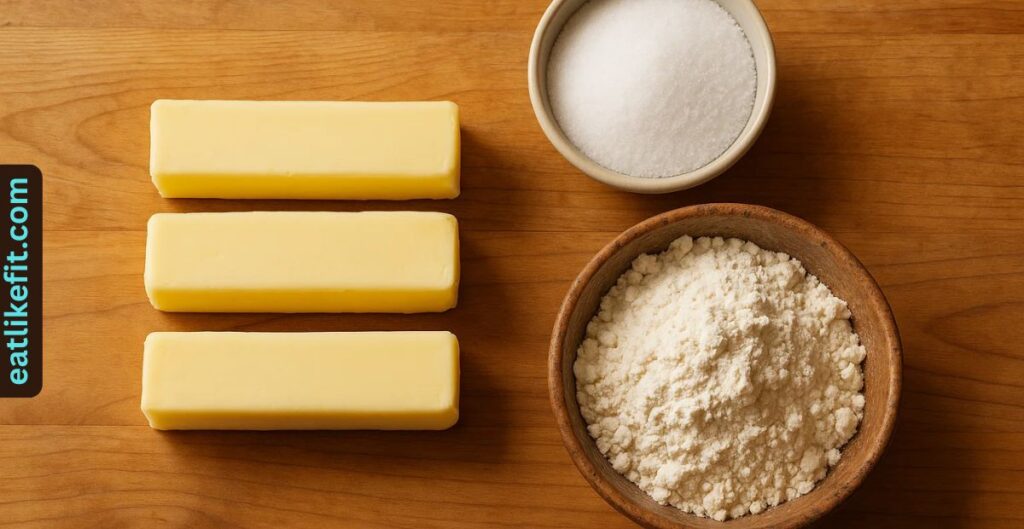 Butter, sugar, and flour arranged on a wooden kitchen counter.