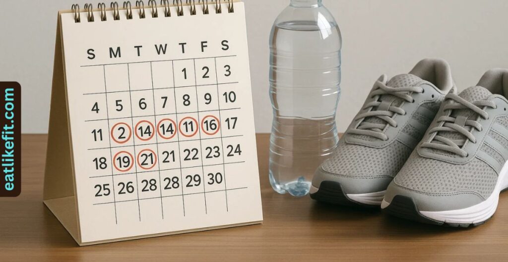 “Calendar showing a weight loss journey timeline with healthy lifestyle elements.”
