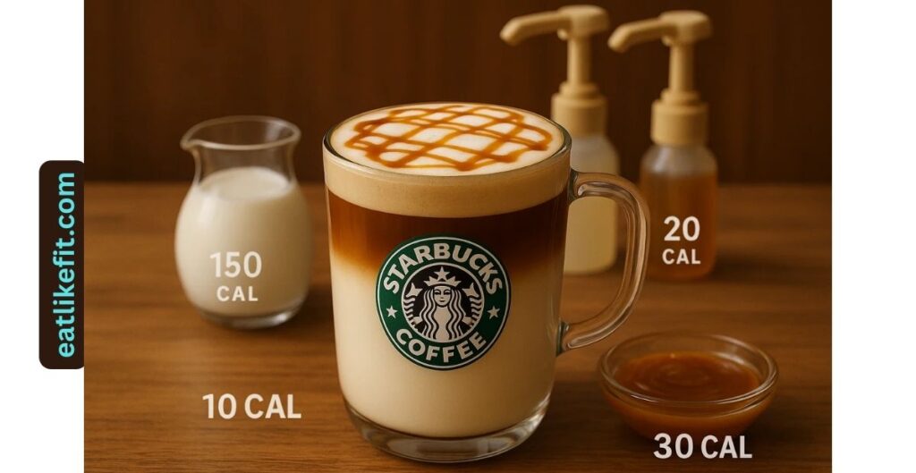 “Caramel macchiato with milk, syrups, and drizzle showing calorie sources”