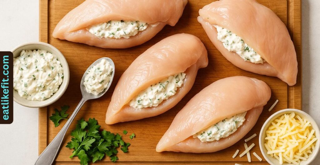 “Chicken breasts being stuffed with cream cheese mixture before baking.”