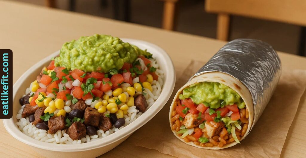 Chipotle burrito bowl and wrapped burrito on table during BOGO offer.