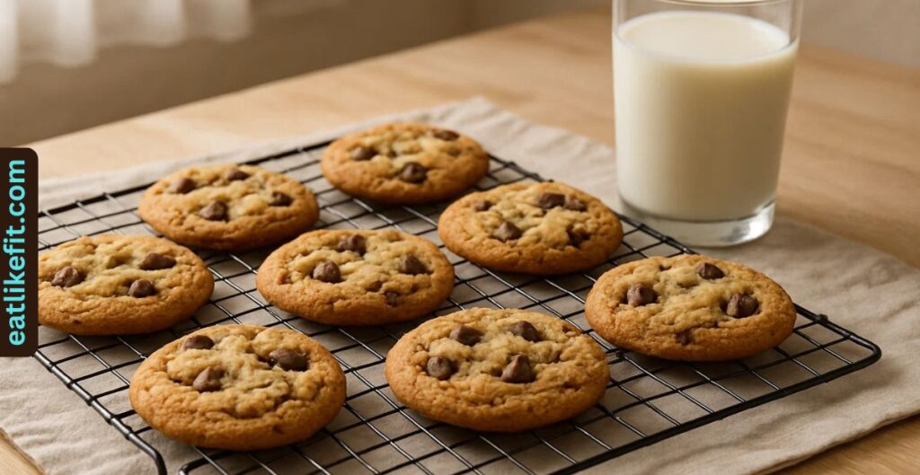 Classic chocolate chip cookies cooling on a rack with milk.