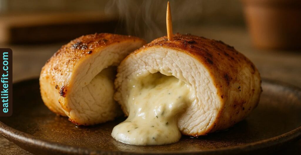 “Close-up of juicy cream cheese stuffed chicken breast sliced open with melted cheese filling.”