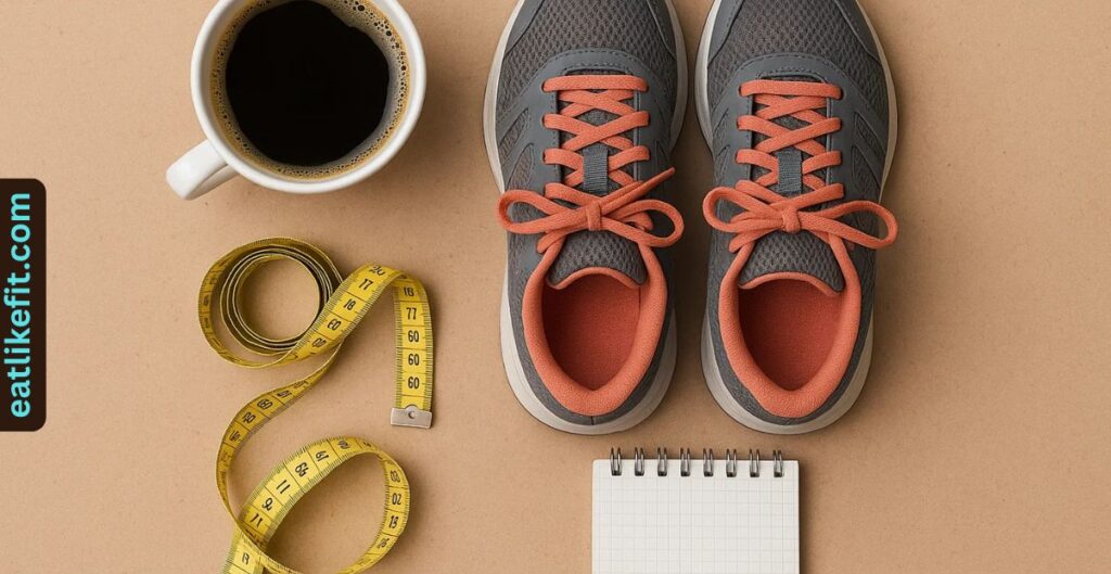 Coffee with fitness and weight loss essentials on a table