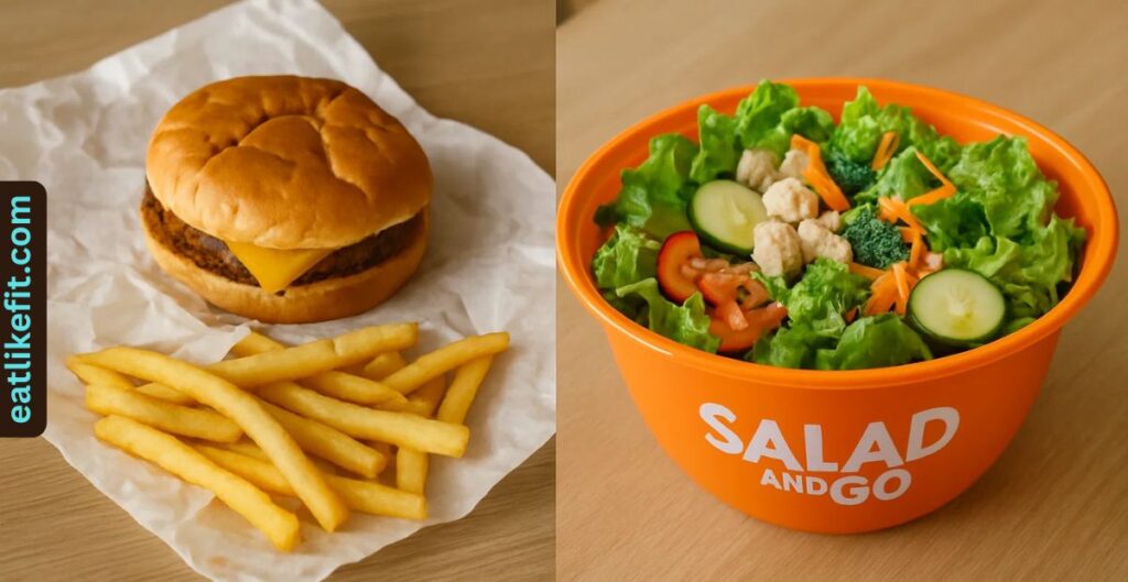 “Comparison between a greasy fast-food burger and fries versus a fresh Salad and Go salad bowl.”
