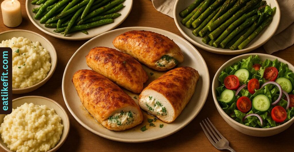 Cream cheese stuffed chicken served with green beans, roasted asparagus, and salad.