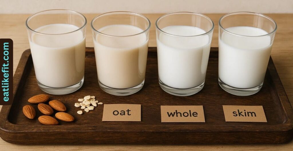 “Different Starbucks milk options like almond, oat, whole, and skim displayed together”