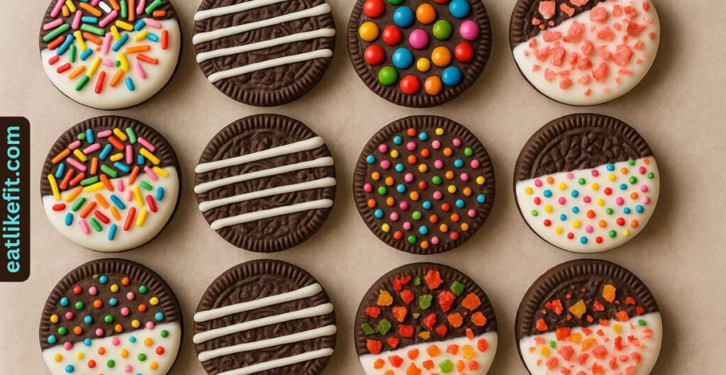 Different decorated chocolate covered Oreos with sprinkles and toppings on parchment paper.
