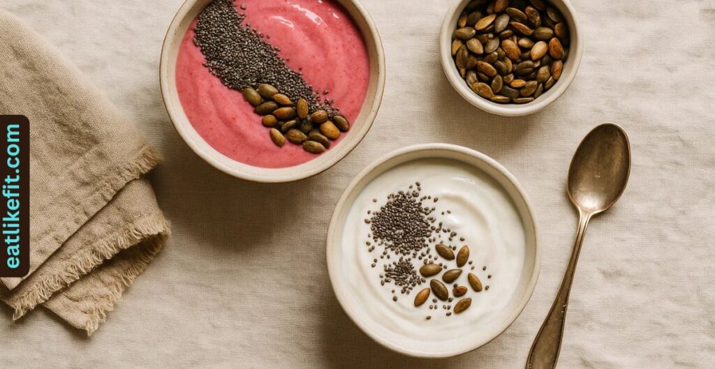 Different ways to eat pumpkin seeds and chia seeds in everyday meals.
