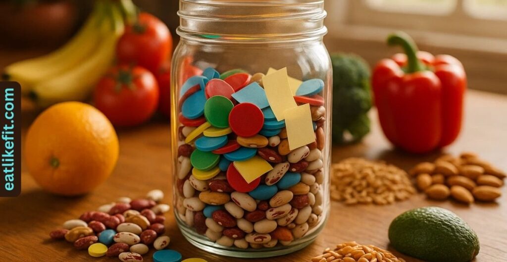 Diversity Jar filled with tokens surrounded by fruits, vegetables, grains, and nuts