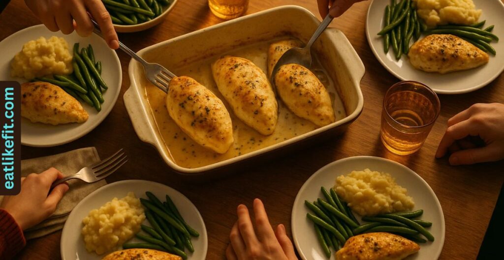 Family sharing a meal of cream cheese stuffed chicken breasts around the dinner table.