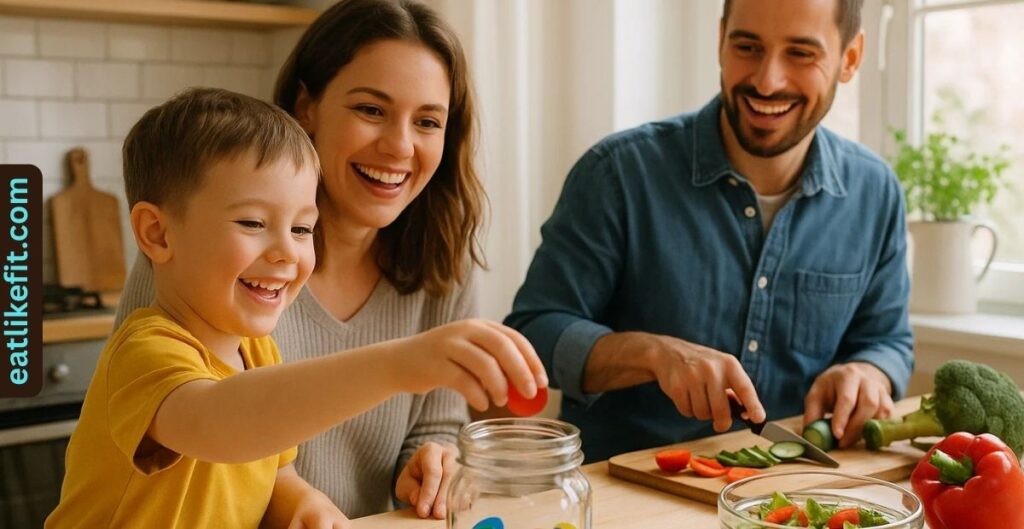 Family using a Diversity Jar while preparing healthy plant-based meals