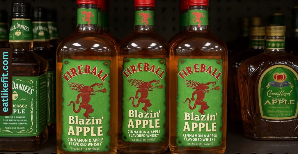 Fireball Blazin’ Apple displayed alongside other apple-flavored whiskeys in a store.
