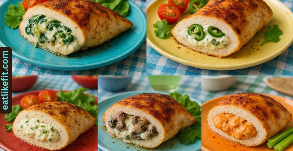 Five variations of cream cheese stuffed chicken breast, including spinach, jalapeño, garlic herb, mushroom, and buffalo.