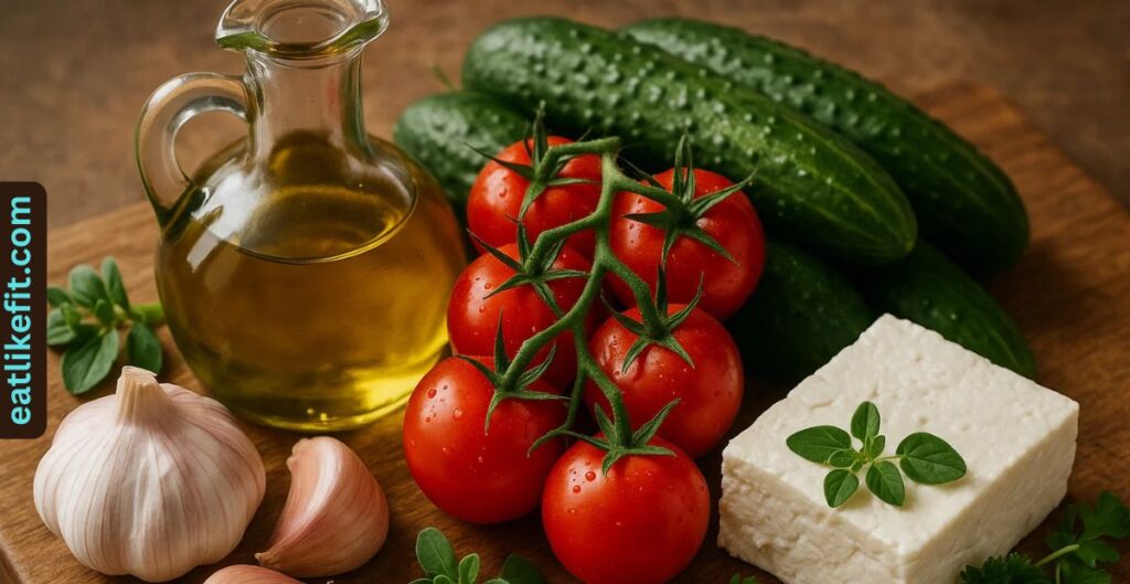 Fresh Mediterranean ingredients on a wooden board.