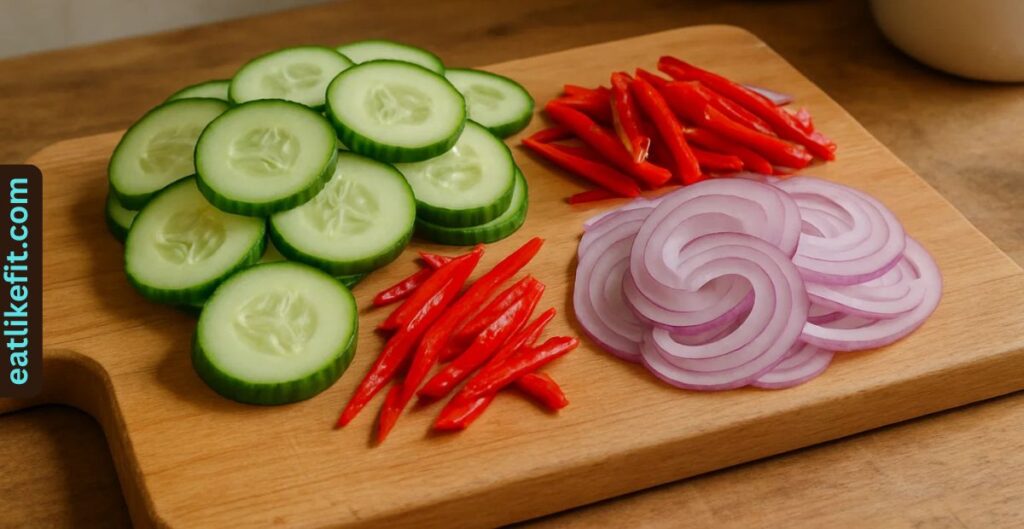 Fresh cucumbers, red chili, and onions prepared for Thai cucumber salad.`