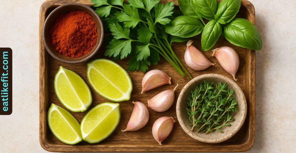 Fresh herbs, lime wedges, and spices for boosting flavor without salt.