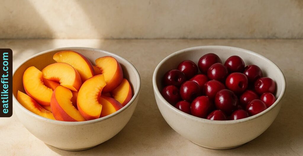 Fresh sliced peaches and cherries prepared for cobbler filling.